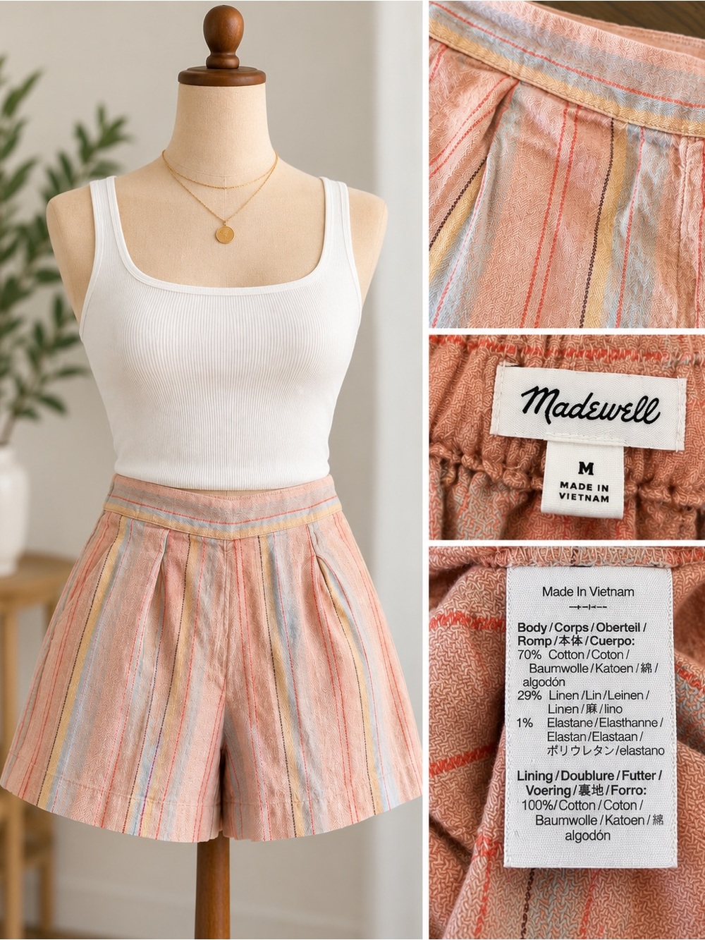 Madewell Striped Linen Cotton Blend Shorts Size Medium Pink Pastel High Rise